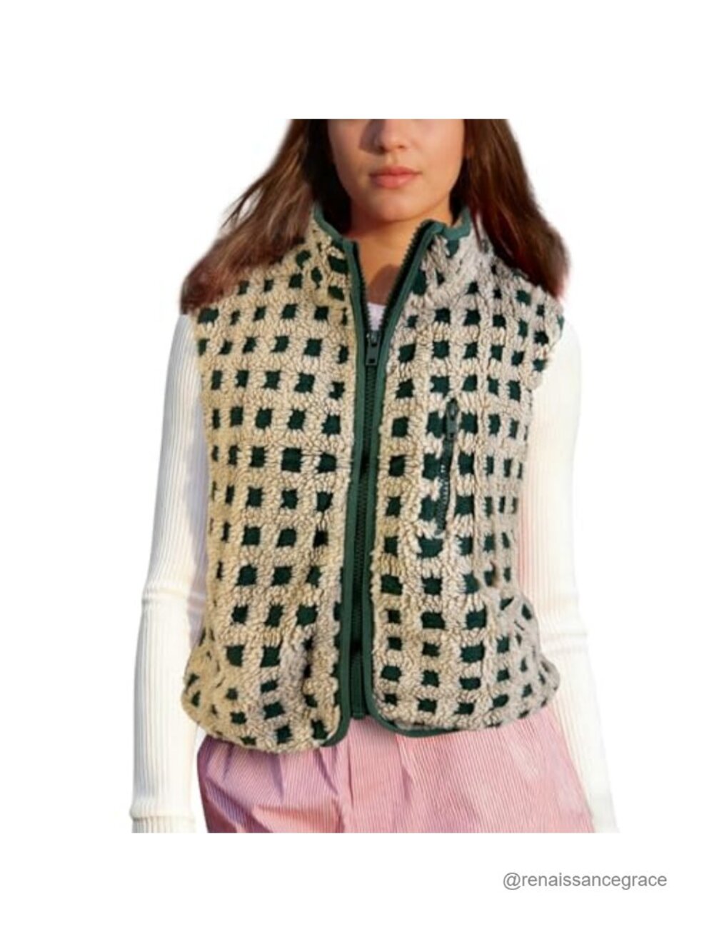 Plaid Sherpa Fleece Vest Women Sleeveless Zip Up Winter Jacket